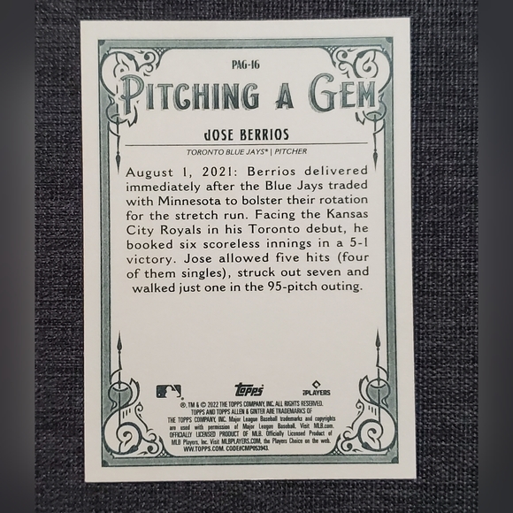 Topps Allen & Ginter The World's Champions Jose Berrios Pitching a Gem #PAG-16 - Picture 2 of 2